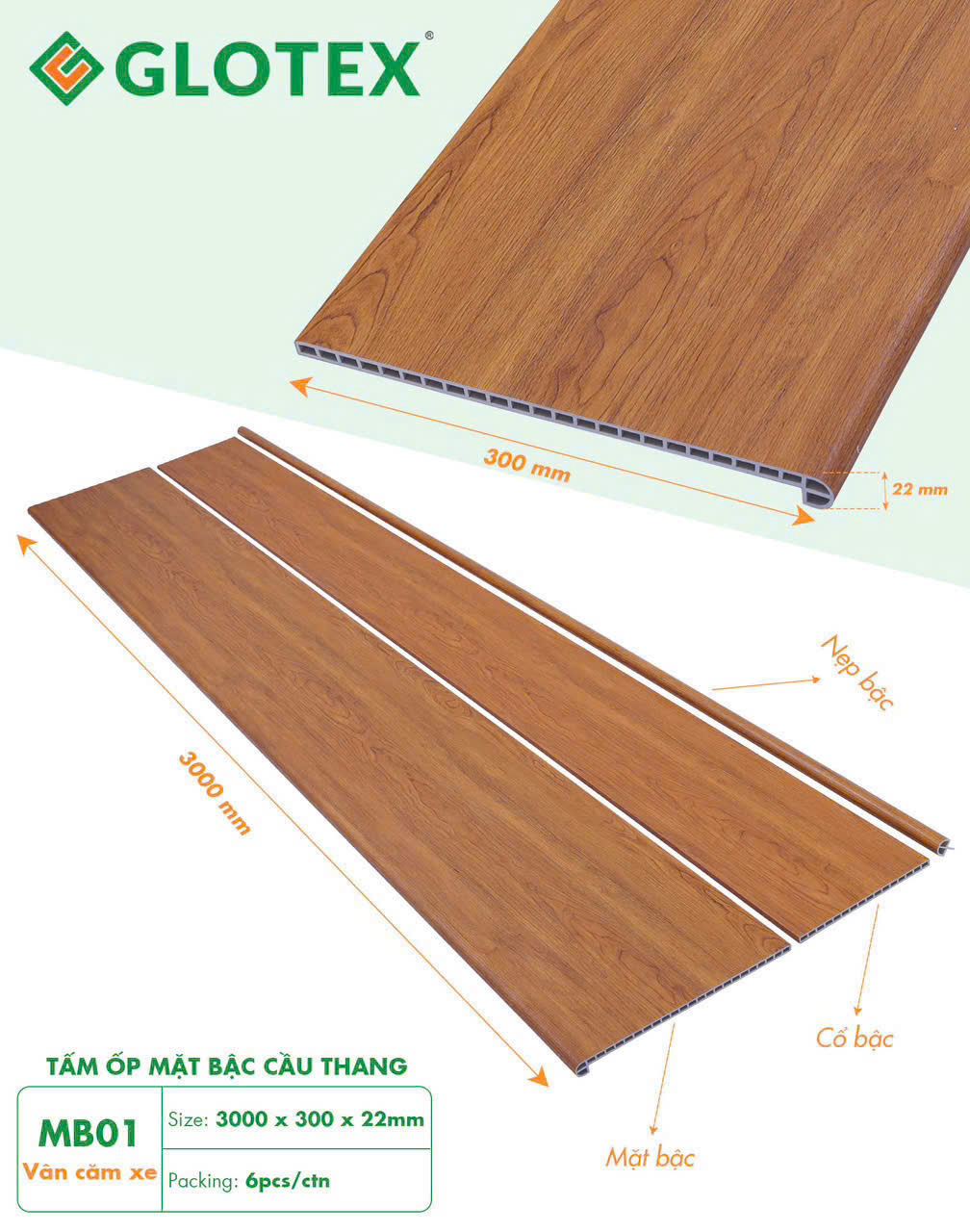 Tấm ốp mặt bậc cầu thang MB01 - vân căm xe